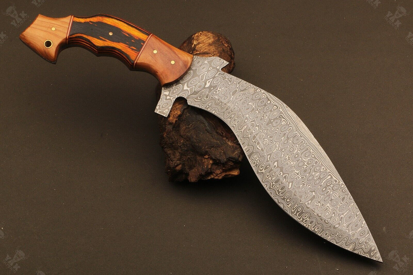 14" Handmade Raindrop Damascus Steel Kukri Hunting Knife – Natural Wood & Brass Handle