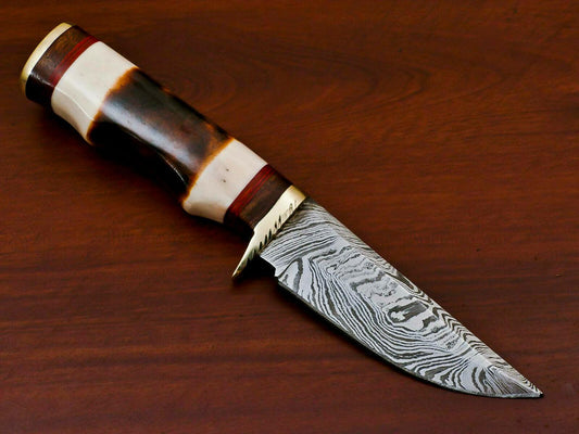 Handmade Damascus Custom Burn Camel Bone & Wood Bowie Hunting Knife – 8" Hunting Knife with Brass Guard