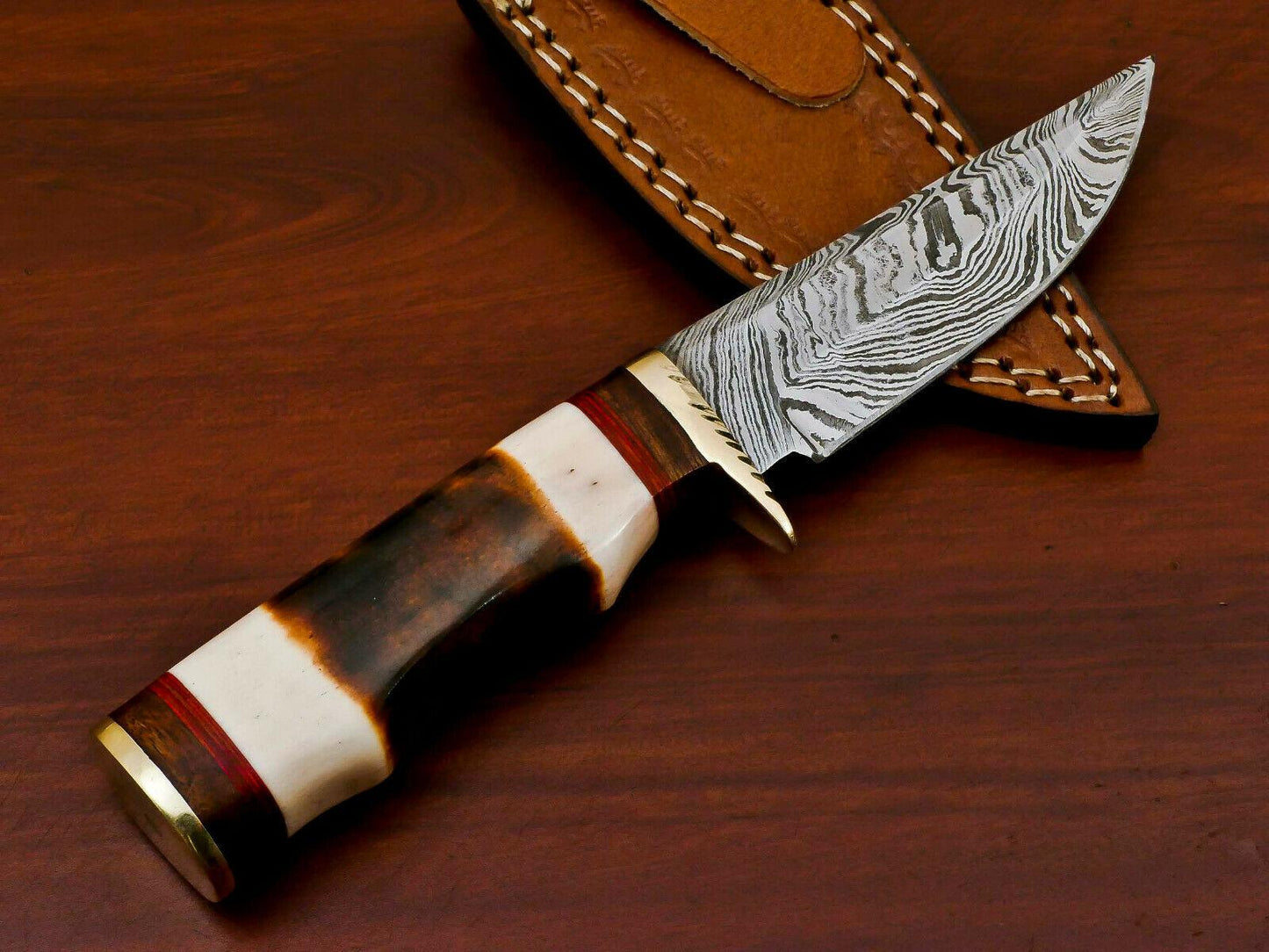 Handmade Damascus Custom Burn Camel Bone & Wood Bowie Hunting Knife – 8" Hunting Knife with Brass Guard