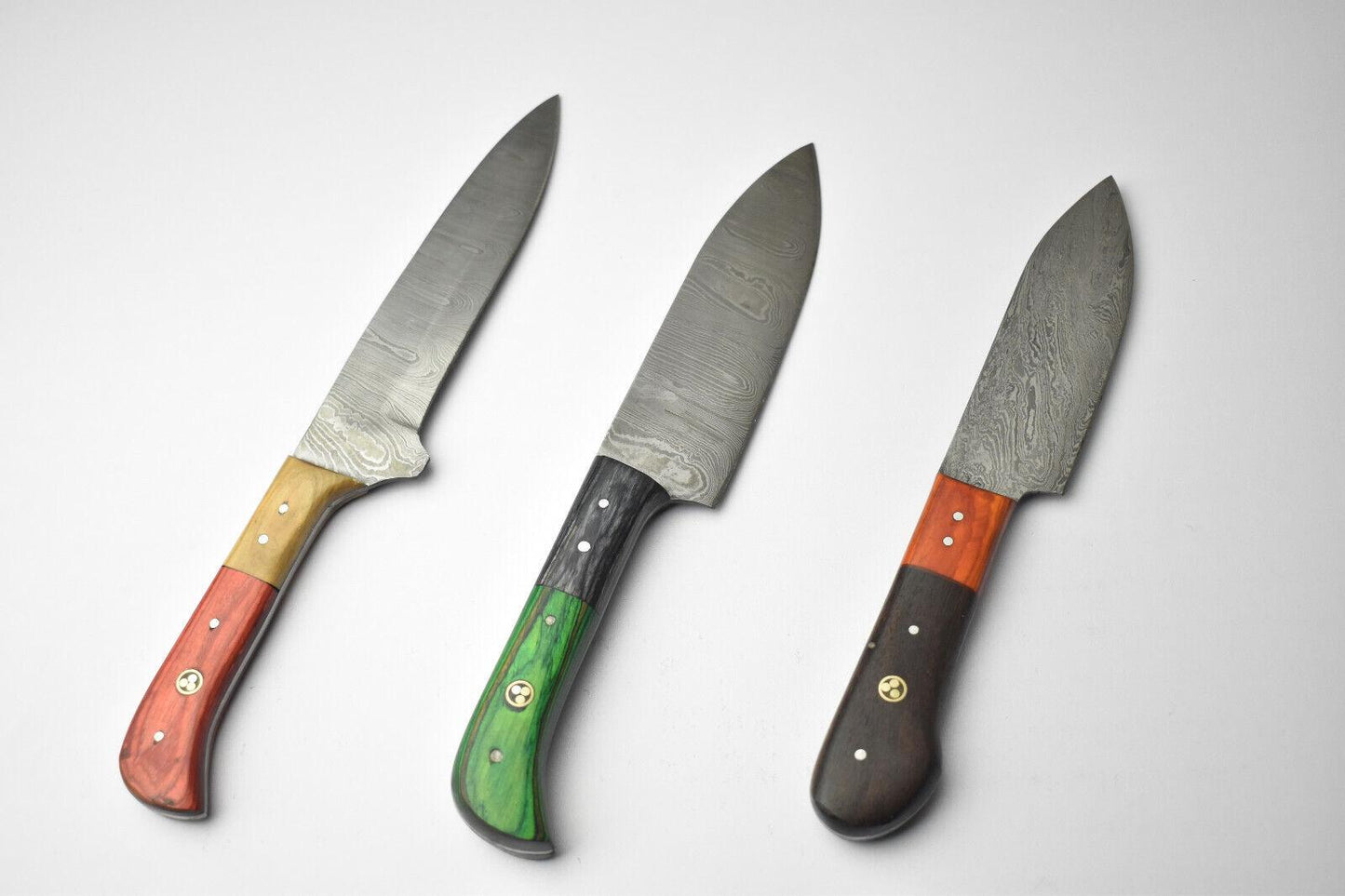 Lot of 3 Custom Handmade Damascus Steel Chef Knives – Full Tang Kitchen Knife Set