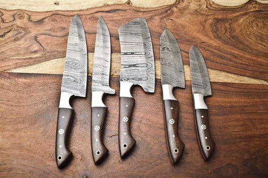 Lot of 5 Handmade Hammered Damascus Steel Blade Chef Knife Set – Professional Knives