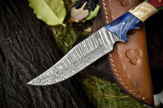 9.5" Twist Damascus Skinner Knife Hardwood Handle Wooden Bolster Fishing Tool