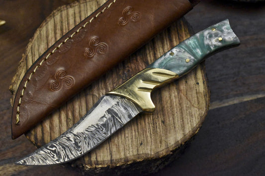 8" Twist Damascus Skinner Knife with Corian Handle and Brass Guard for Camping Closeout