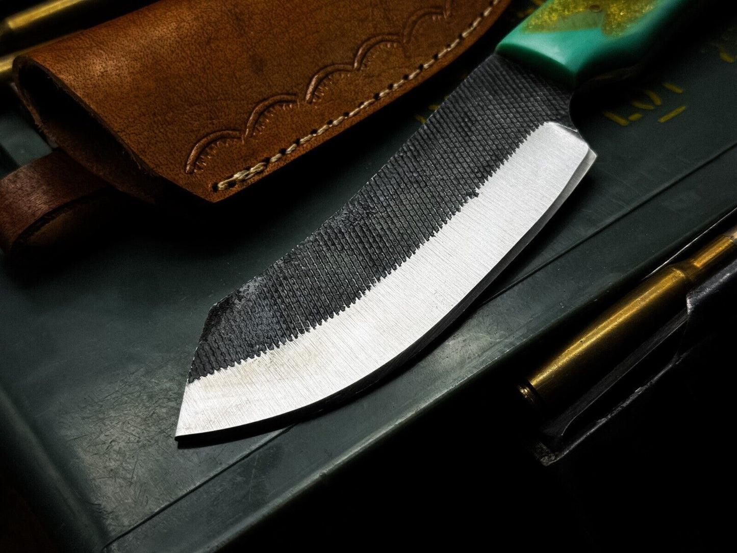 Heritage Forge 1095 Carbon Steel Hunting Knife with Epoxy Resin Handle and Leather Sheath