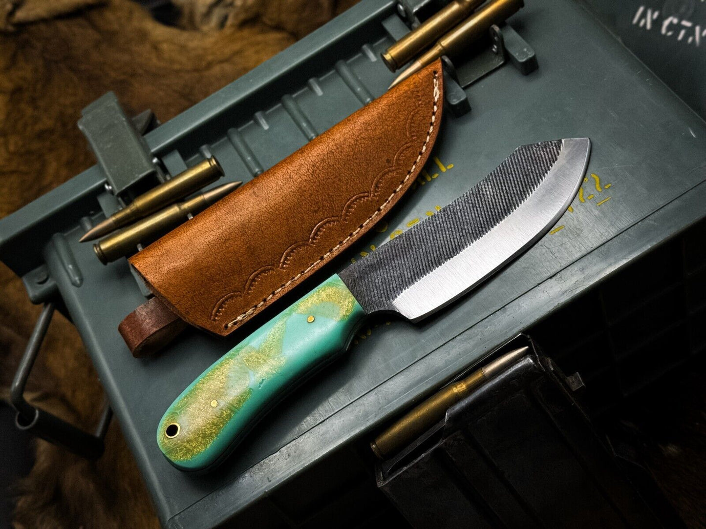 Heritage Forge 1095 Carbon Steel Hunting Knife with Epoxy Resin Handle and Leather Sheath