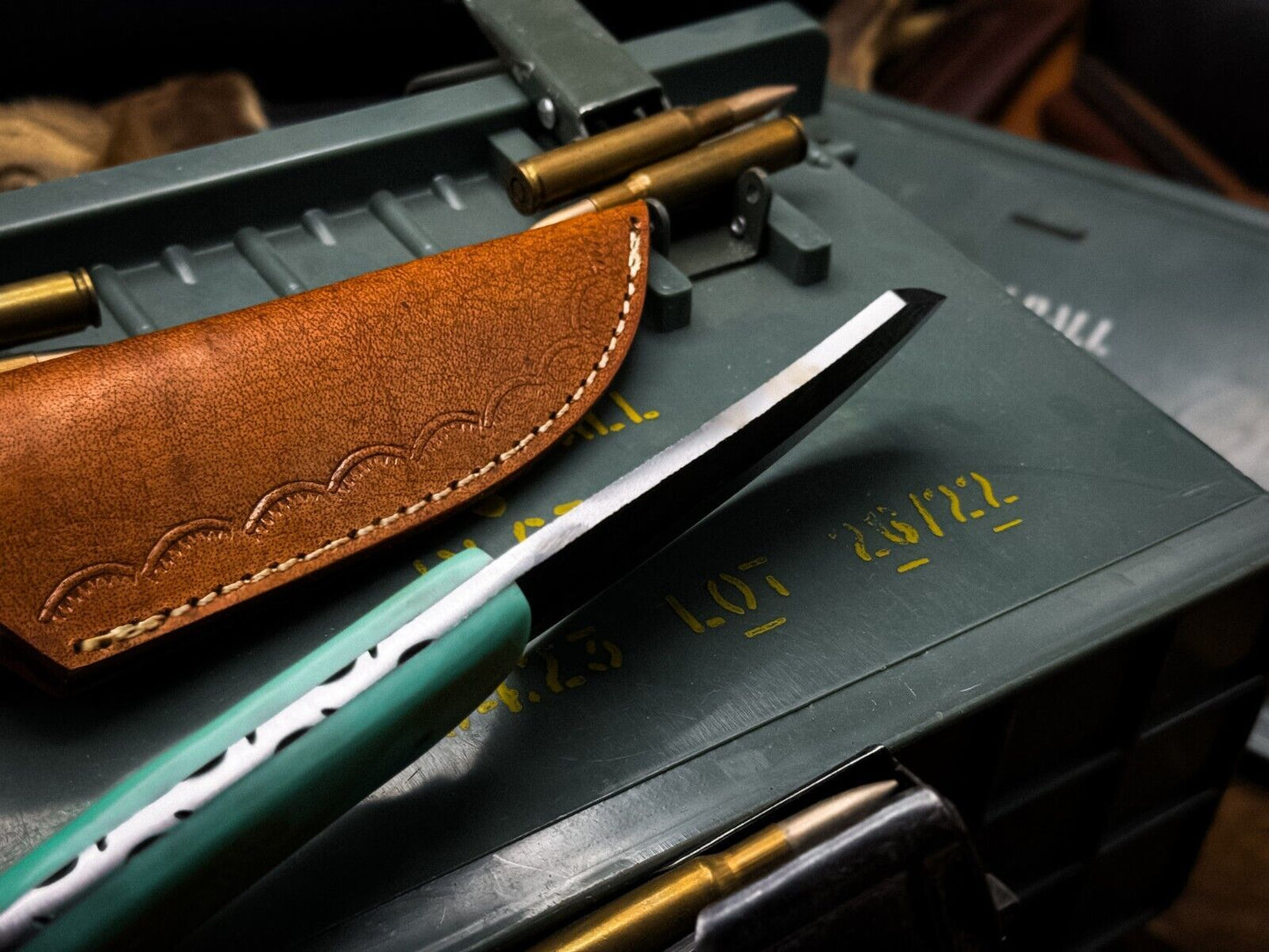 Heritage Forge 1095 Carbon Steel Hunting Knife with Epoxy Resin Handle and Leather Sheath