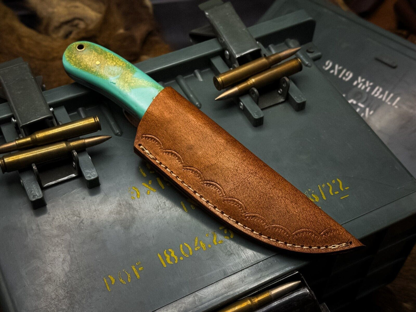 Heritage Forge 1095 Carbon Steel Hunting Knife with Epoxy Resin Handle and Leather Sheath