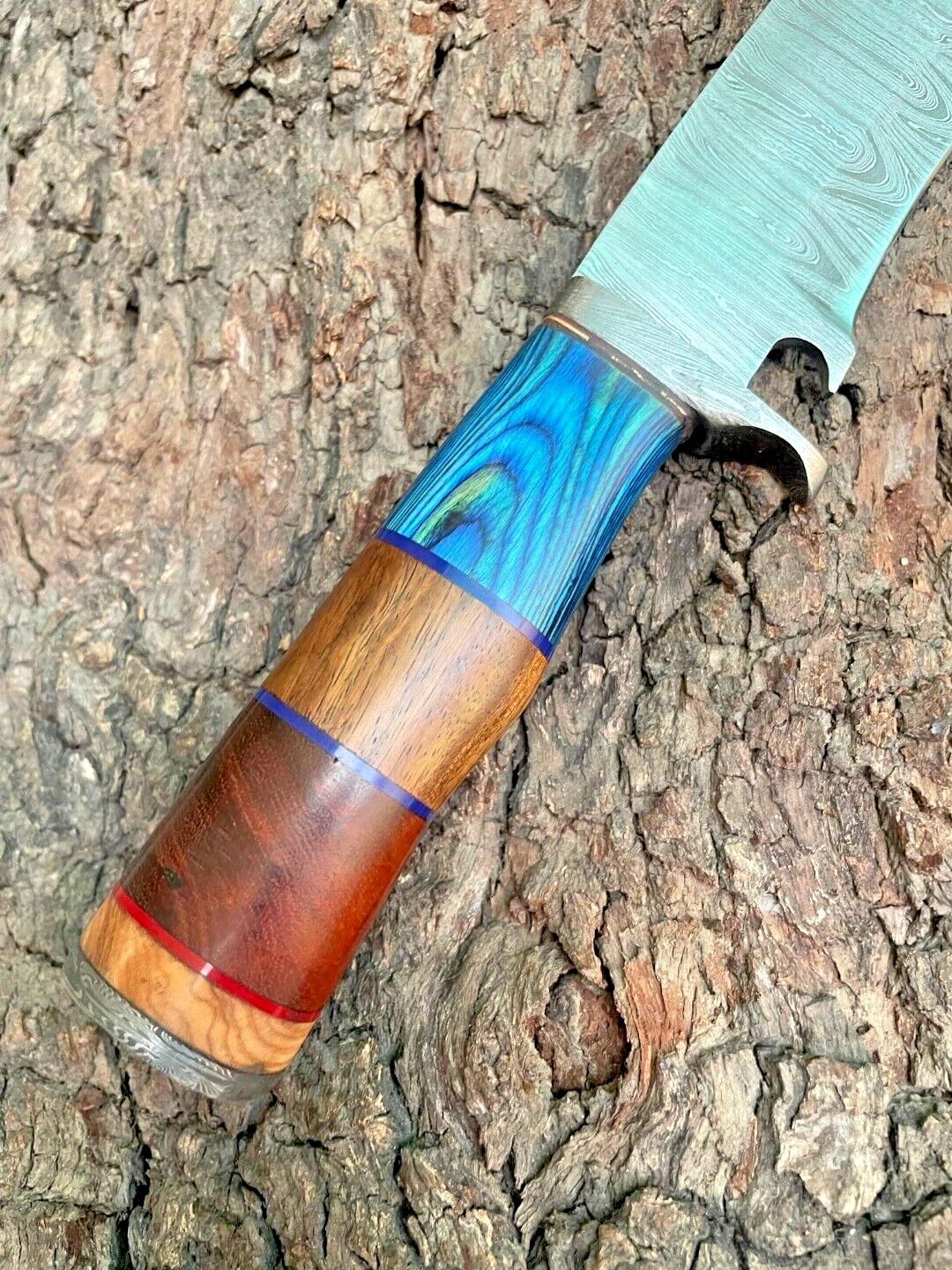 Custom Hand Forged Damascus Steel Camping Hunting Outdoor Fishing Bowie Knife with Leather Sheath