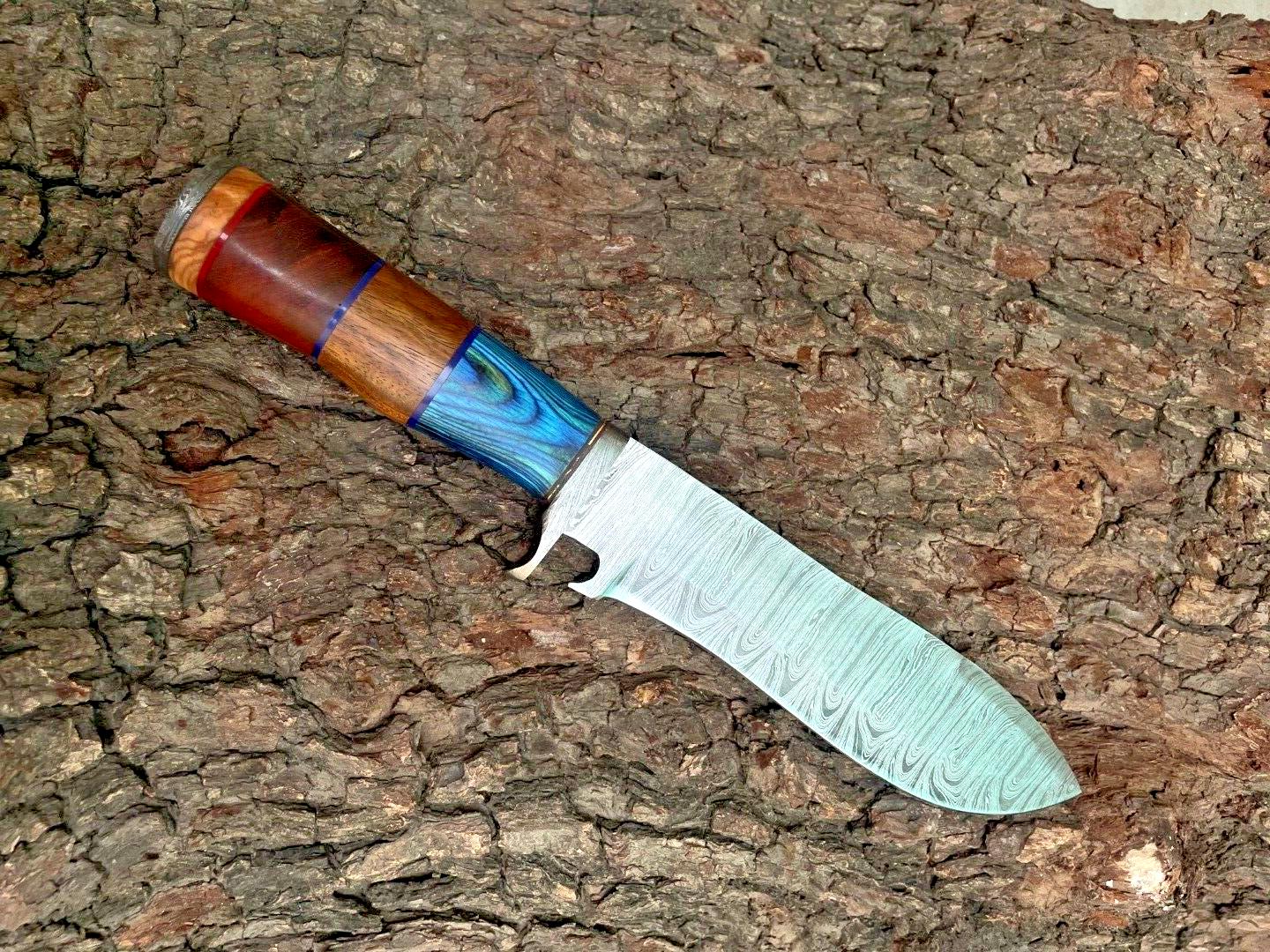 Custom Hand Forged Damascus Steel Camping Hunting Outdoor Fishing Bowie Knife with Leather Sheath