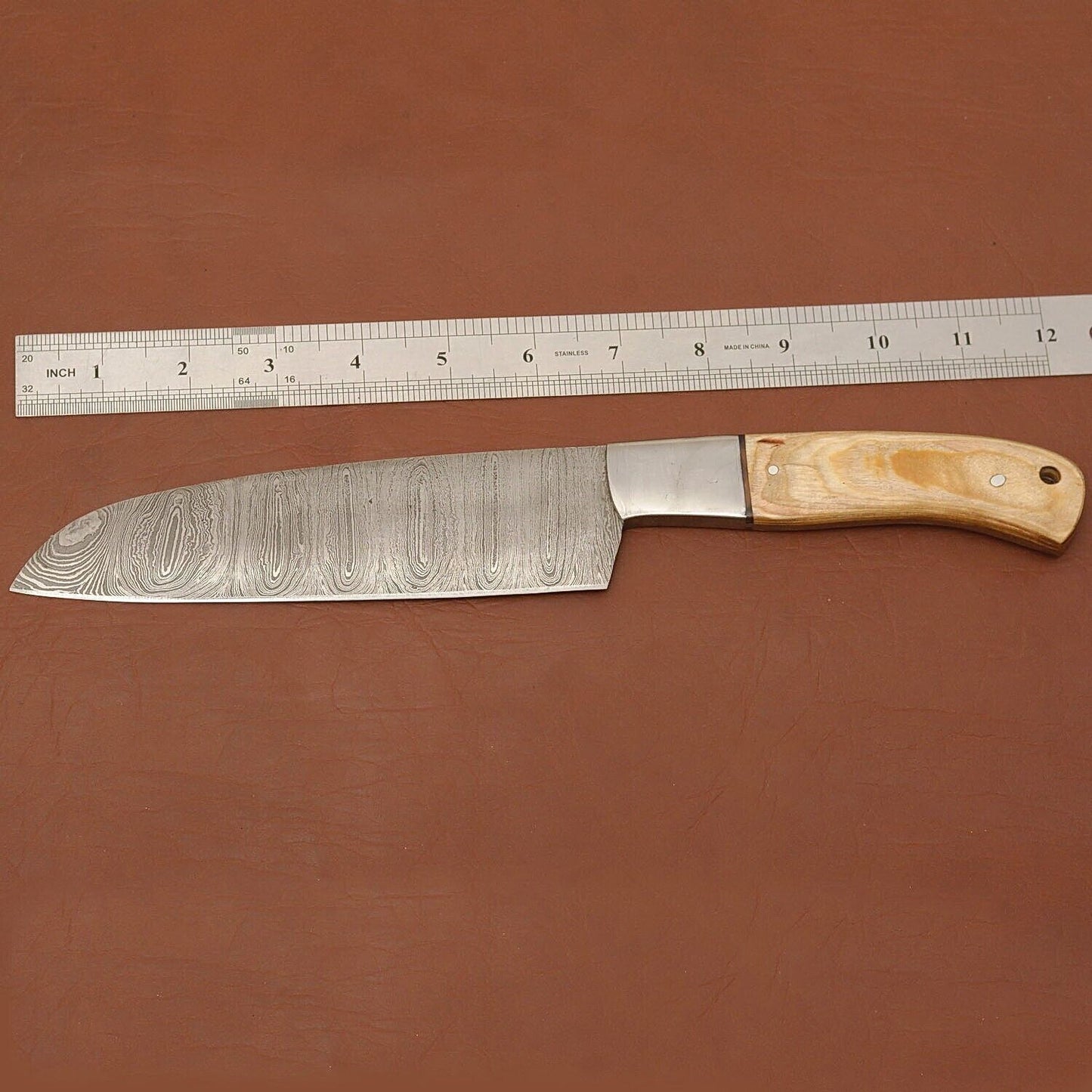 Damascus Steel Chef Knife – 12" Kitchen Knife with Wood Handle & Leather Sheath
