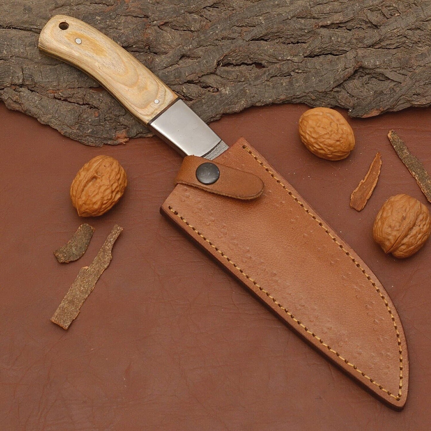 Damascus Steel Chef Knife – 12" Kitchen Knife with Wood Handle & Leather Sheath