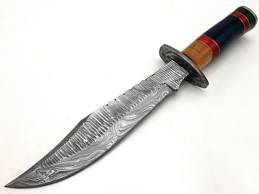 14" Handmade Damascus Bowie Knife with Hardwood Handle & Leather Sheath