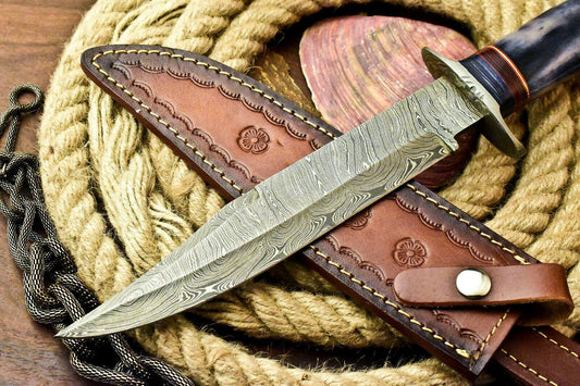 Custom Handmade Damascus Steel Bowie Hunting Knife | Stained Camel Bone Handle