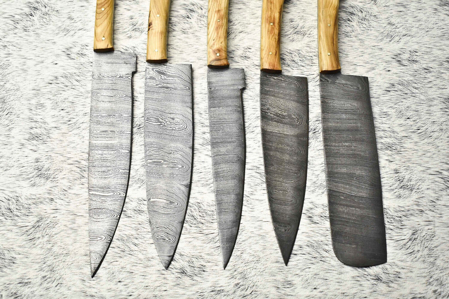Lot of 5 Handmade Damascus Steel Chef Knife Set | Hammered Full Tang Blades | Olive Wood Handle