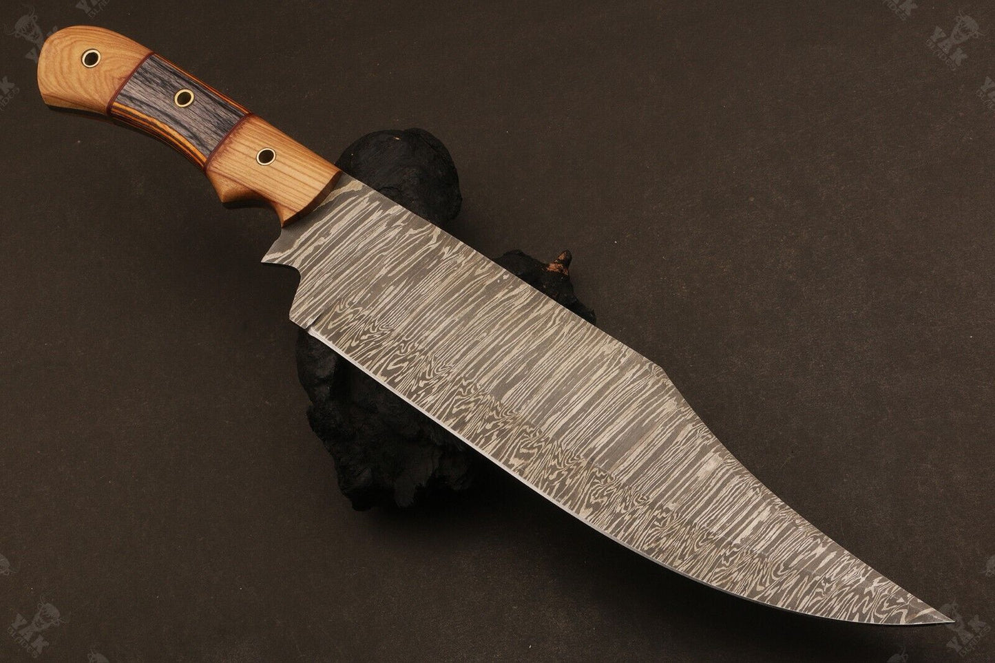 Heritage Forge 15 Inch Fire Damascus Steel Bowie Knife with Wood Handle for Hunting and Camping