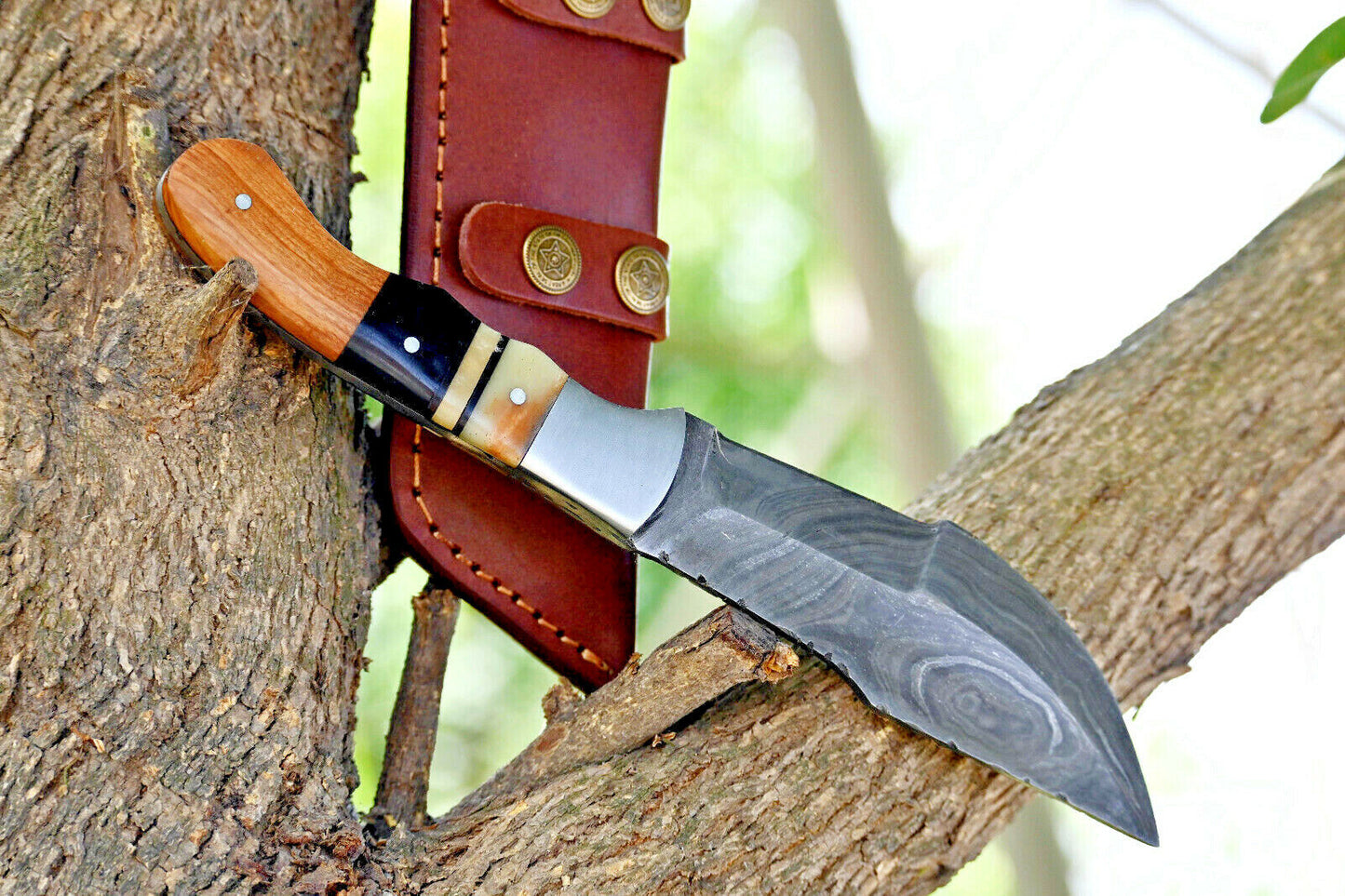 Custom Handmade Damascus Steel Tracker Knife – Hunting, Bushcraft, Camping & EDC with Wood & Steel Bolster Handle