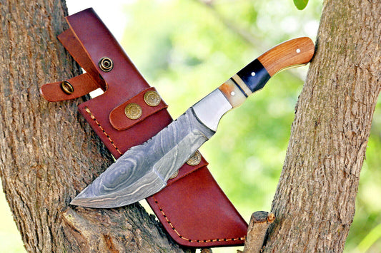 Custom Handmade Damascus Steel Tracker Knife – Hunting, Bushcraft, Camping & EDC with Wood & Steel Bolster Handle