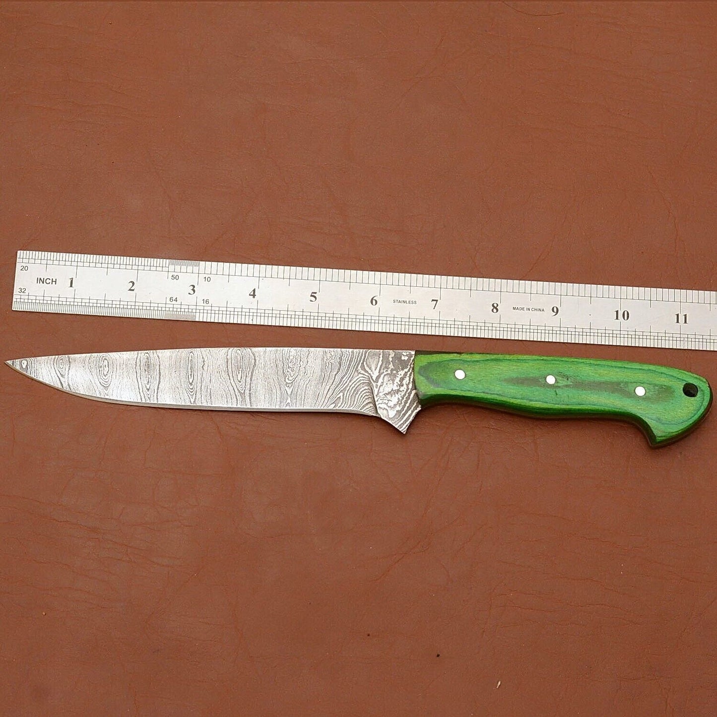 Hand-Forged Damascus Steel Chef Fillet Knife | Custom Kitchen Knife with Wood Handle & Leather Sheath