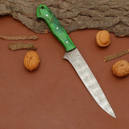 Hand-Forged Damascus Steel Chef Fillet Knife | Custom Kitchen Knife with Wood Handle & Leather Sheath