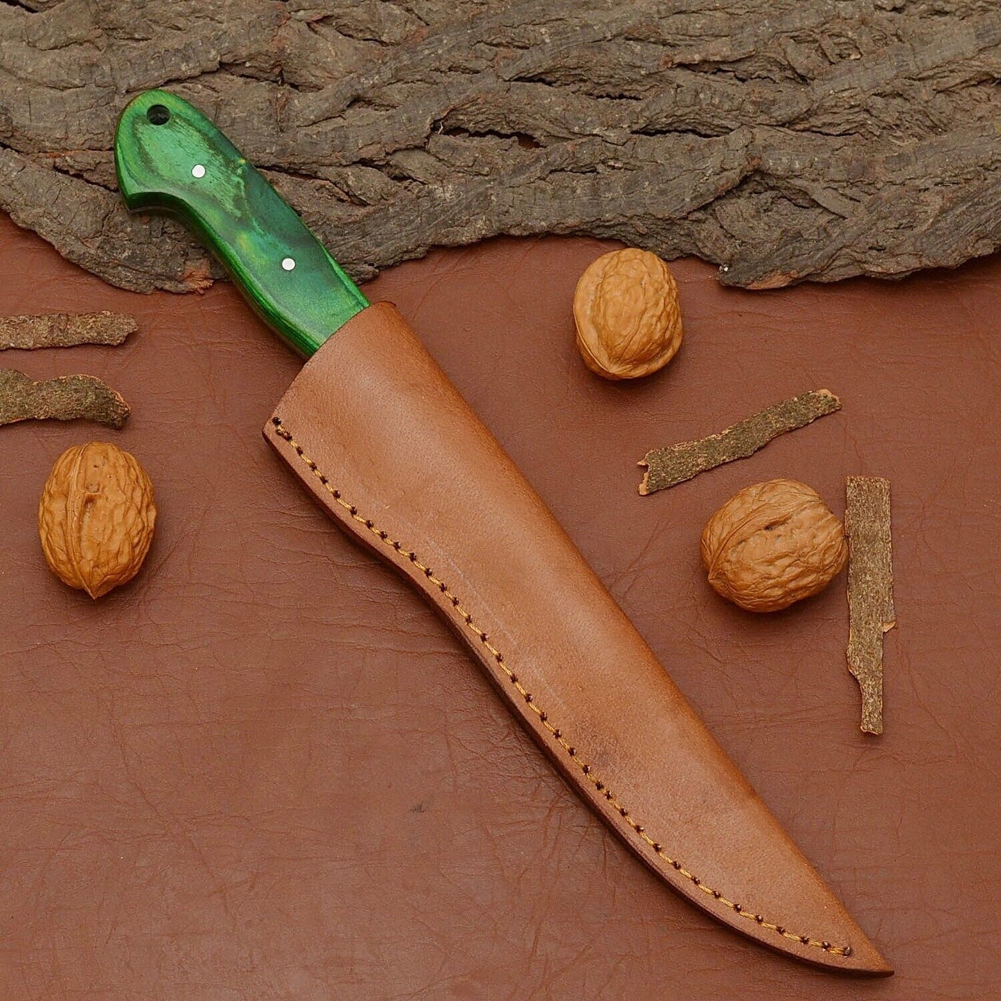 Hand-Forged Damascus Steel Chef Fillet Knife | Custom Kitchen Knife with Wood Handle & Leather Sheath
