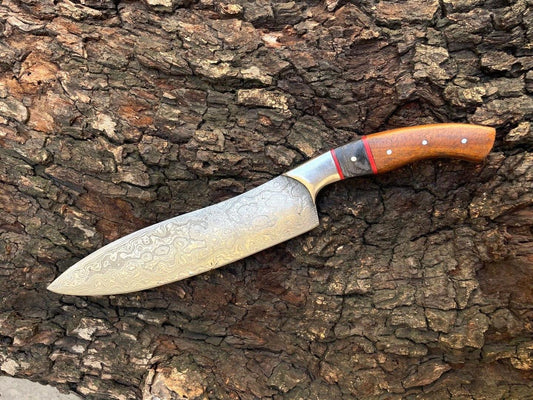 Custom Forged Damascus Steel Cooking & Chopping Kitchen Knife with Leather Sheath