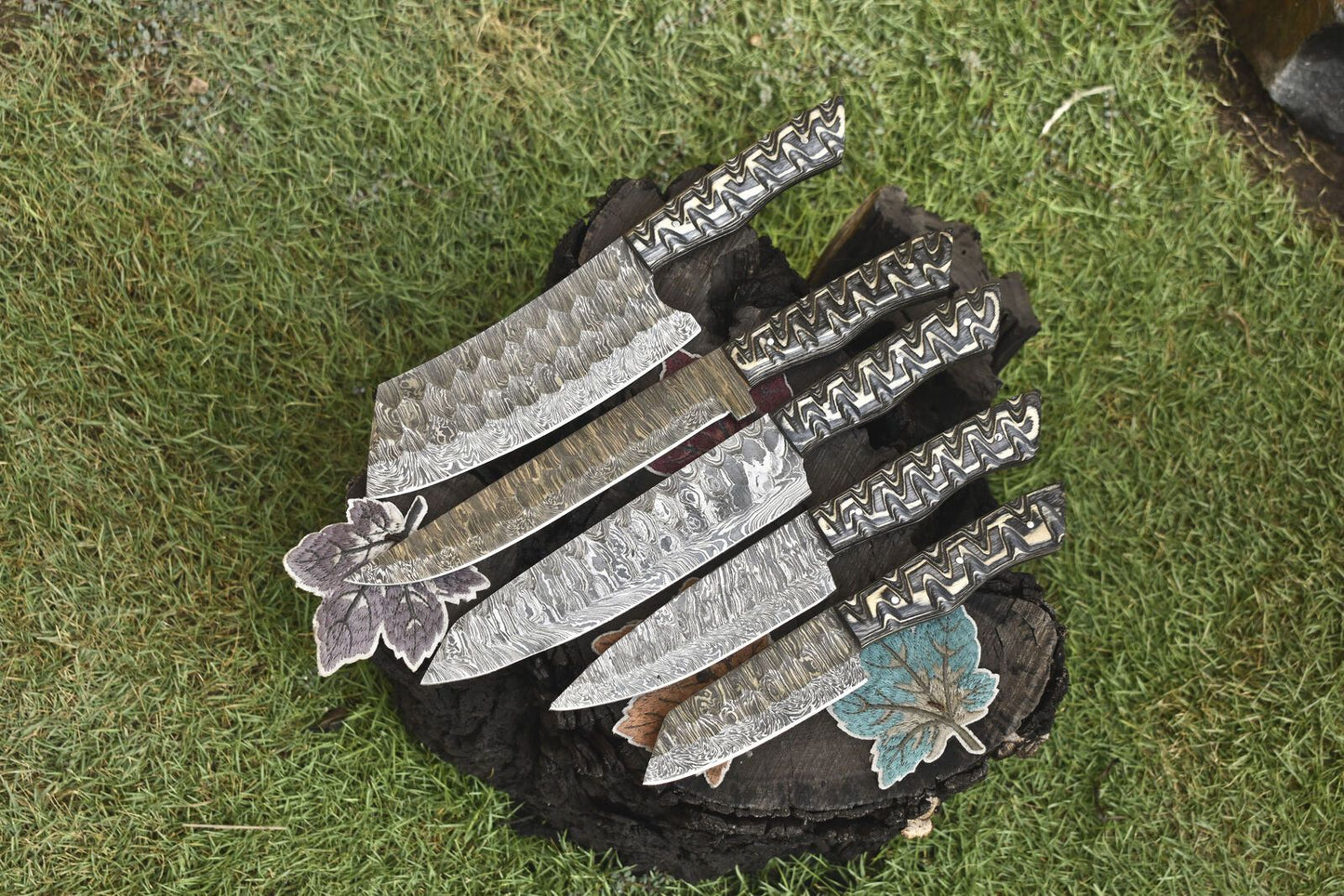 Hand Forged Chef Knife Set Twist Damascus Steel with Hard Wood Handles – Lot of 5 EDC Closeout Knives