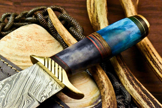 13.5" Damascus Steel Bowie Knife | Camel Bone Handle with Leather Sheath