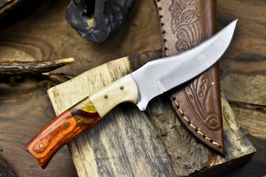 8" Handmade Skinner Knife AUS-8 Steel Mixed Material Handle with Leather Sheath