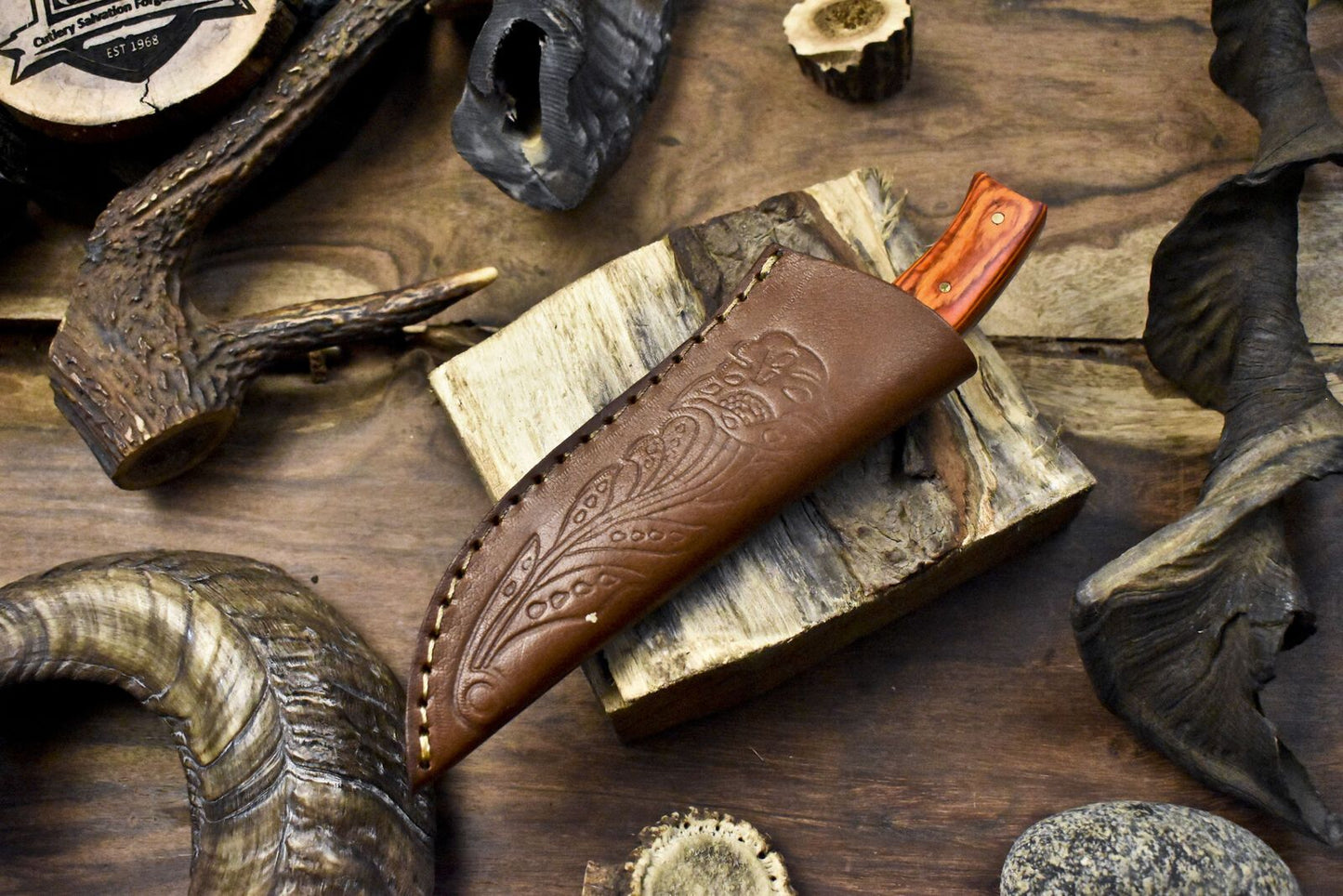 8" Handmade Skinner Knife AUS-8 Steel Mixed Material Handle with Leather Sheath