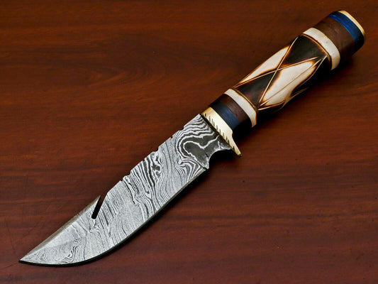Handmade Damascus Custom Burn Camel Bone & Rose Wood Bowie Hunting Knife