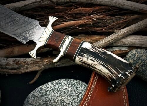 Heritage Forge 15 Inch Custom Damascus Steel Bowie Knife with Stag Antler Handle