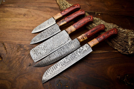 Custom Lot of 5 Handmade Hammered Damascus Steel Blade Chef Set Knives