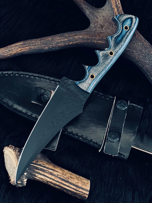 10" Handmade D2 Steel Bowie Knife – Camel Bone & Wood Handle with Damascus Bolster