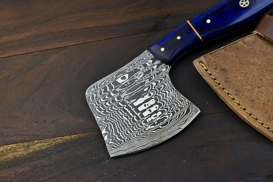 Handmade Damascus Steel Axe Knife Hard Wood Hunting Clever Chopper with Leather Sheath