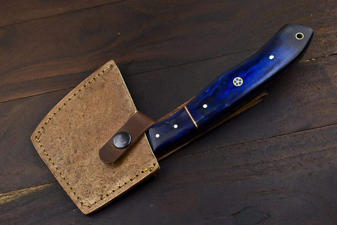 Handmade Damascus Steel Axe Knife Hard Wood Hunting Clever Chopper with Leather Sheath