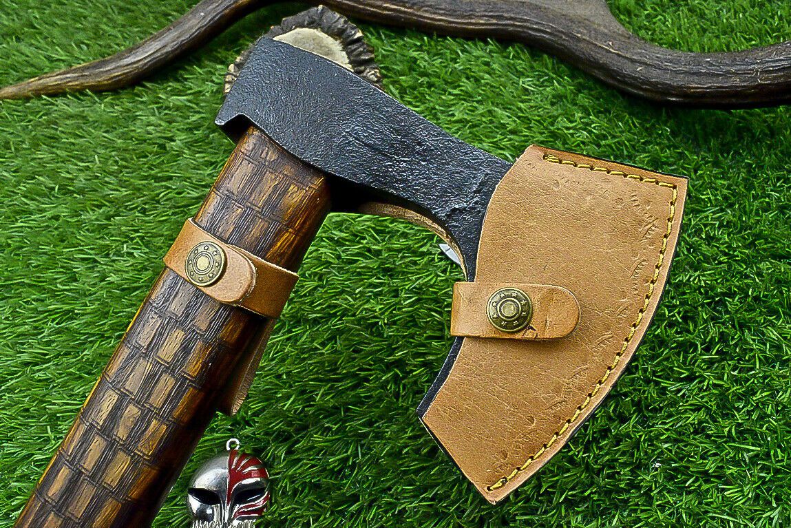 Handcrafted Viking Tomahawk Axe – Carbon Steel Blade with Leather Sheath