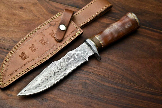 Heritage Forge 12.5" Damascus Bowie Knife with Camel Bone Handle and Leather Sheath