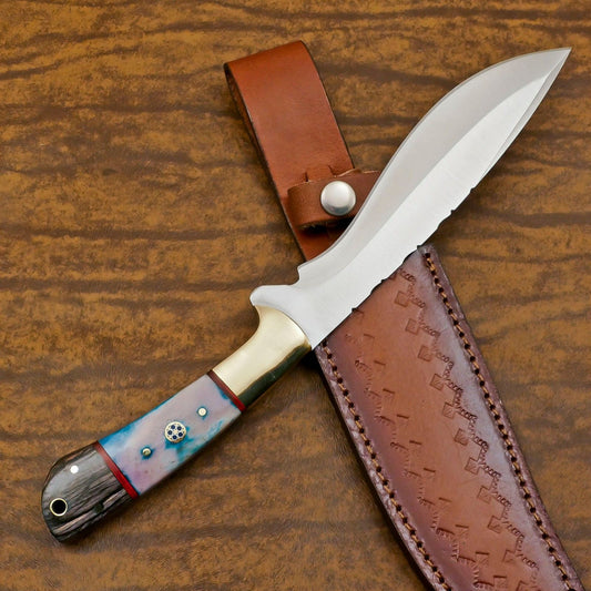 Handmade 12-Inch D2 Steel Full Tang Bowie Hunting Knife with Bone & Wood Handle
