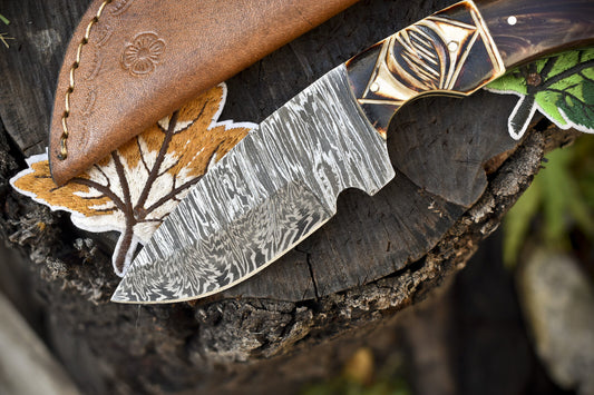 Twist Damascus Skinner Knife Corian Handle for Hunting with Leather Sheath