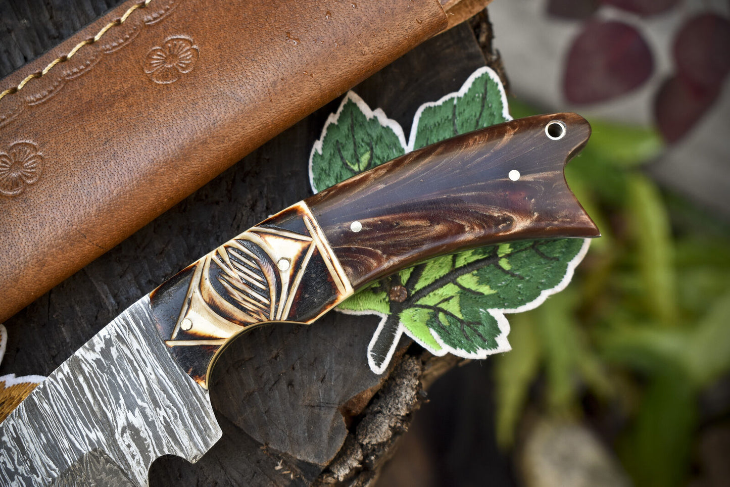 Twist Damascus Skinner Knife Corian Handle for Hunting with Leather Sheath