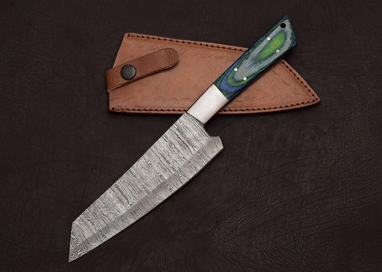 Handmade Full Tang Damascus Steel Chef & Hunting Knife 8" Pakka Wood Handle Sheath