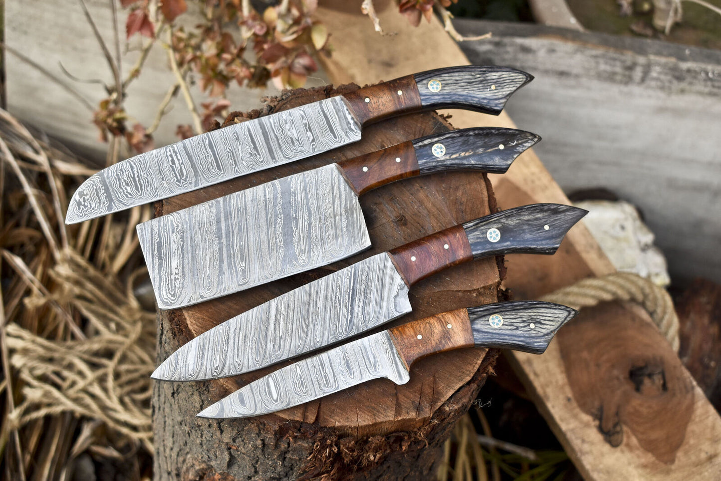 Handcrafted Twist Damascus Chef Knife Set of 4 – Hardwood Handle, Camping & Kitchen Use
