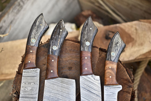 Handcrafted Twist Damascus Chef Knife Set of 4 – Hardwood Handle, Camping & Kitchen Use