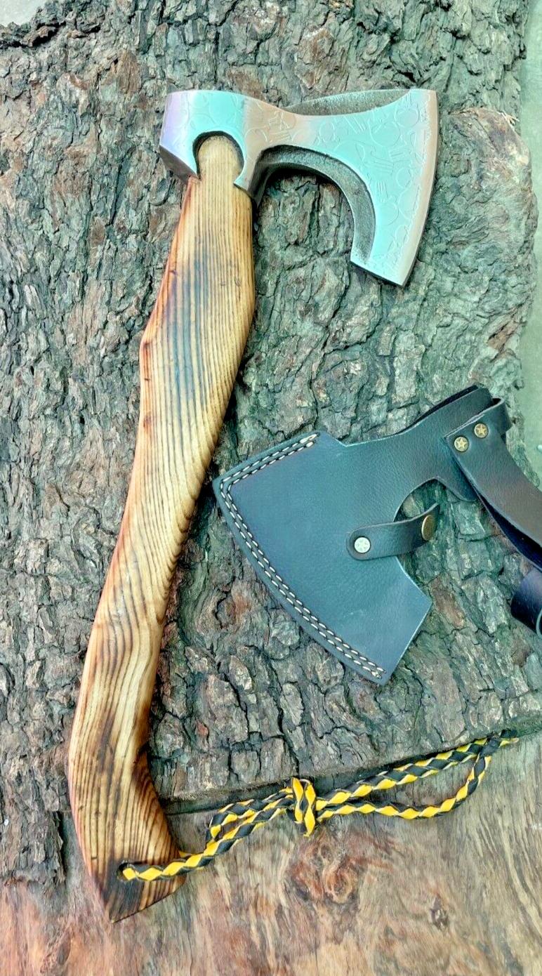 Hand Forged Viking Axe Bushcraft Camping Cutting Jungle Hatchet with Leather Sheath