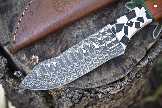 9" Ladder Damascus Skinner Knife Hardwood Handle Micarta Bolster with Sheath