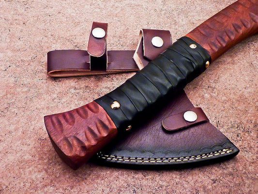 Hand Forged Viking Bearded Axe Carbon Steel Hatchet Tomahawk with Natural Wood Handle and Leather Sheath 18"