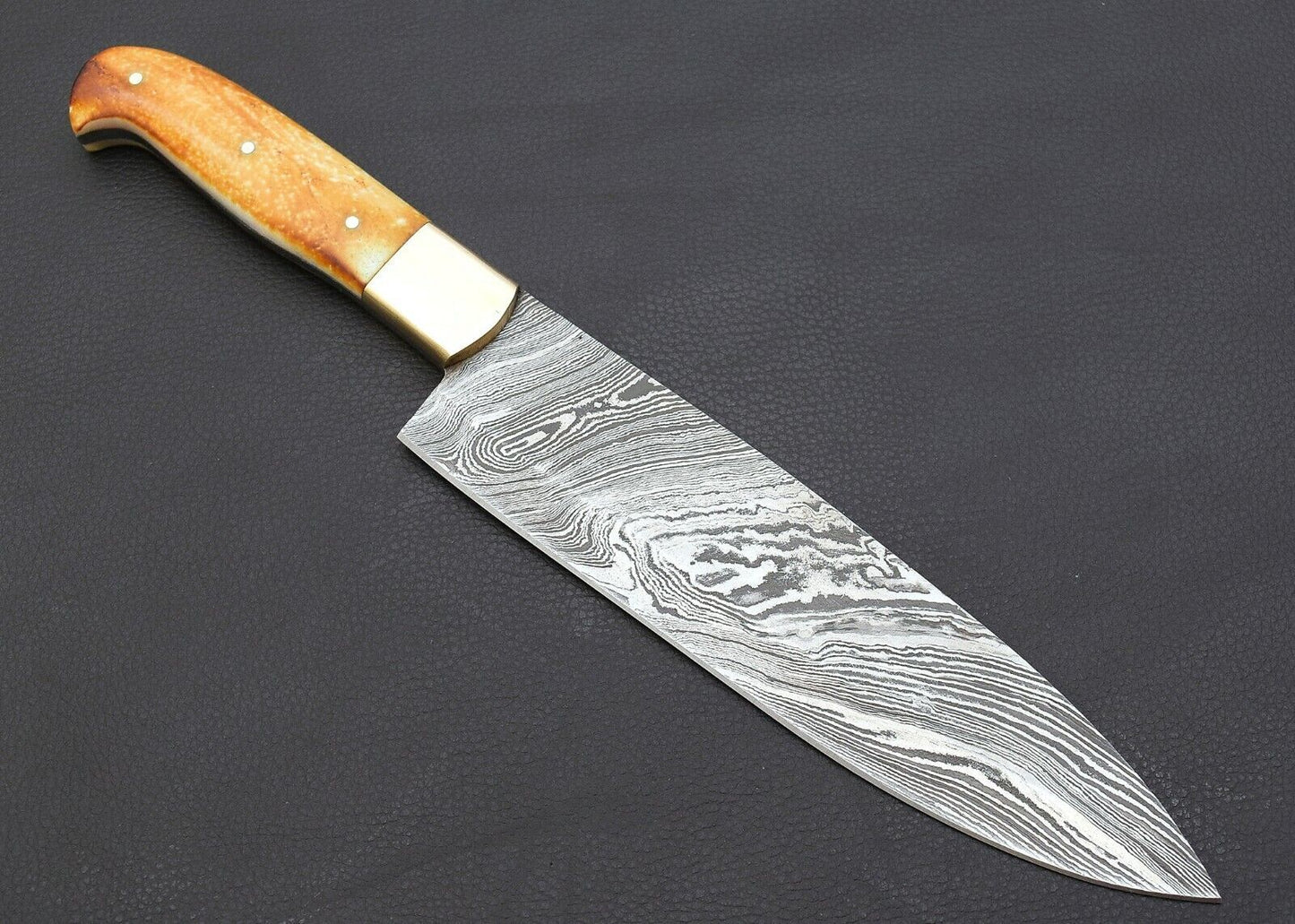 12" Custom Handmade Damascus Steel Chef Knife – Fired Camel Bone Handle with Brass Bolster & Sheath