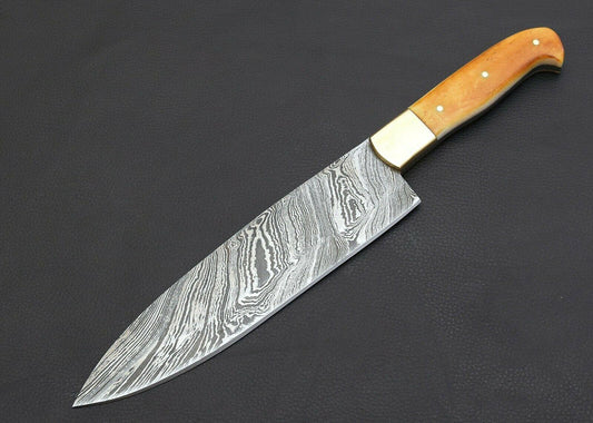 12" Handmade Damascus Steel Chef Knife – Fired Camel Bone Handle with Brass Bolster & Sheath