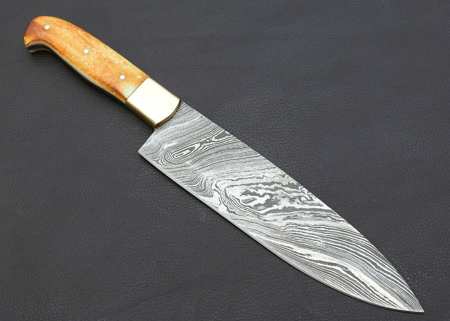 12" Handmade Damascus Steel Chef Knife – Fired Camel Bone Handle with Brass Bolster & Sheath