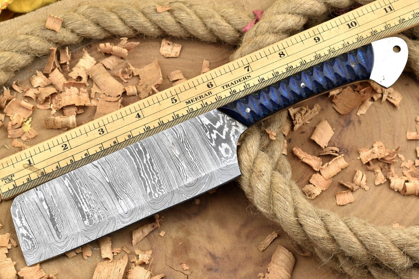 Custom Handmade Damascus Steel Kitchen Chef Knife – Blue Dollar Cleaver with Sturl Open Tang Handle
